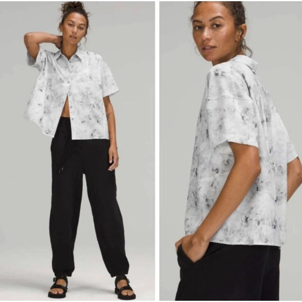 Lululemon Full Day Ahead Short Sleeve Relaxed Button Down Top Aquila Rhino Grey
